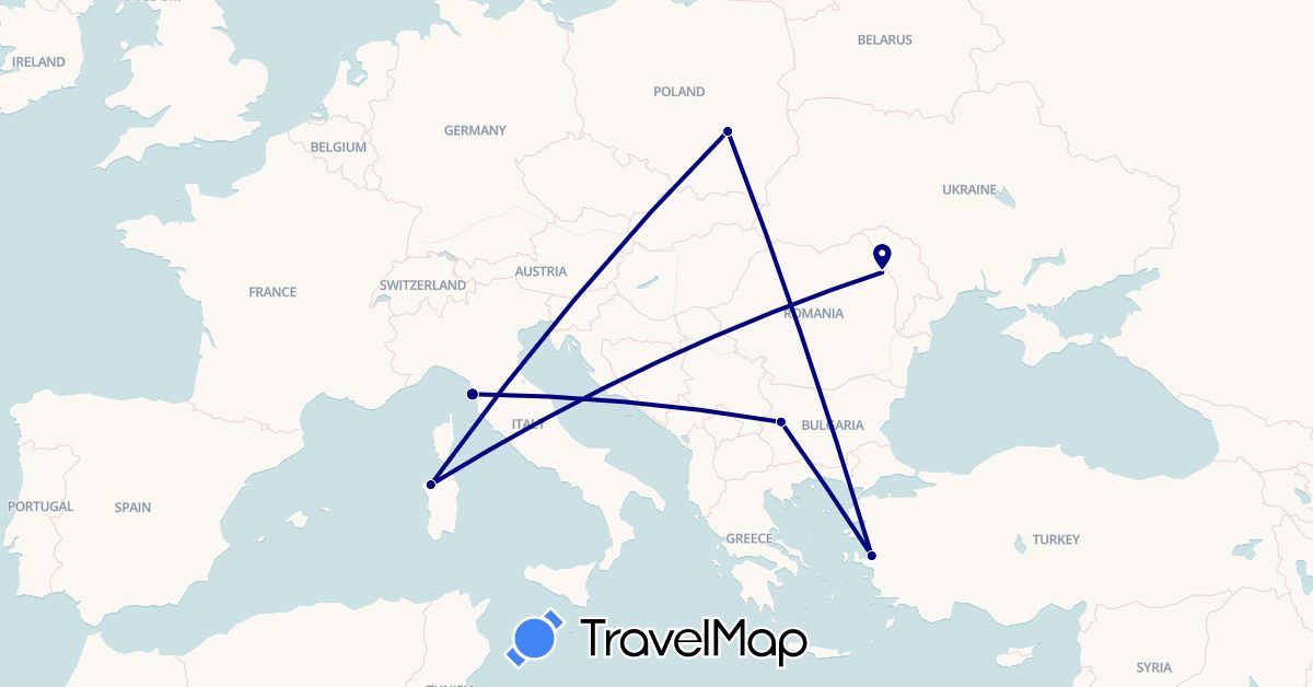 TravelMap itinerary: driving in Bulgaria, Italy, Poland, Romania, Turkey (Asia, Europe)